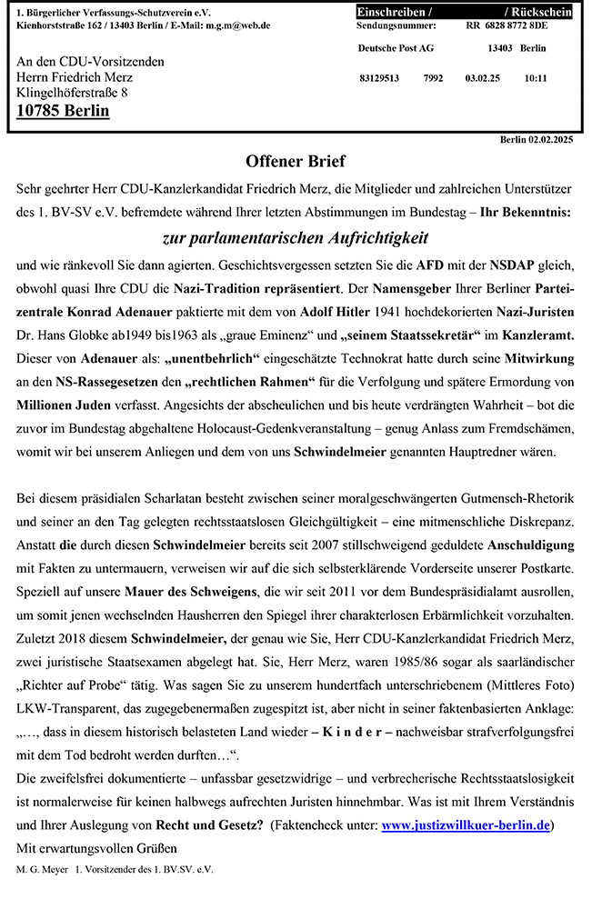 Unser Schreiben an F. Merz